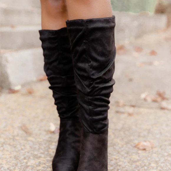 Pink Lily Suede Black Block Heel with Ruched Fabric Tall Boots Size 6.5 - Picture 4 of 10